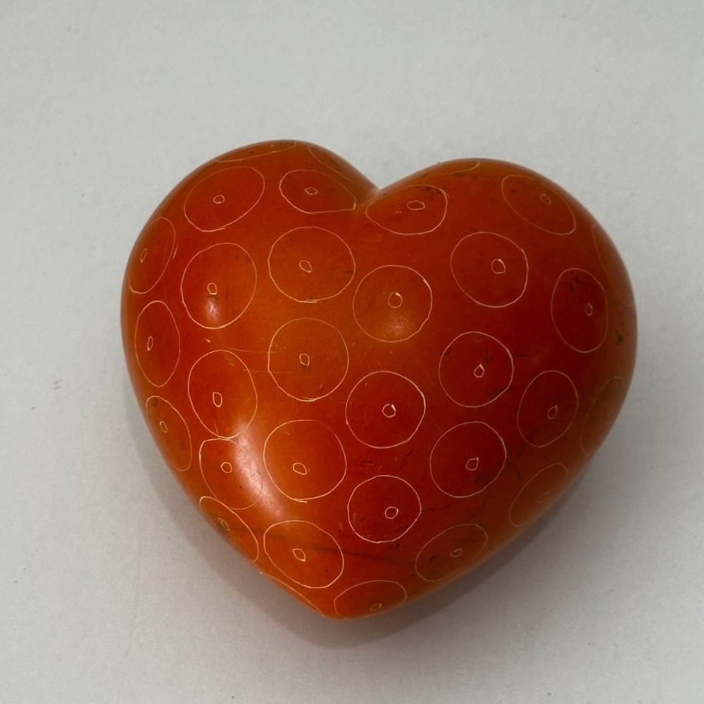 Hand Carved Soapstone Heart Etched Pattern Burnt Orange Stone Paperweight 3"